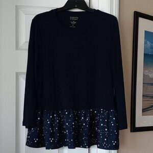 Kate Spade Top Broome Street Navy with Star Print Ruffle Short Sleeve Sz Small